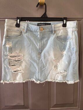 Express Light Blue Distressed Denim Mini Skirt